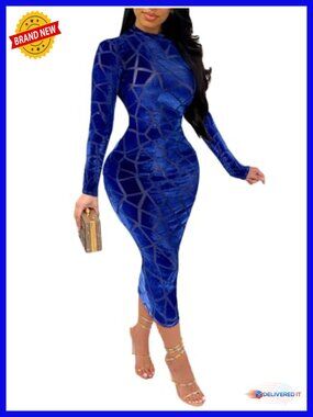 Sheer Mesh Bodycon Midi Dress Long Sleeve Crew Neck Slim Clubwear